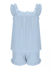 Light blue ruffled polyester pajama set with square neckline and ruffled shorts.