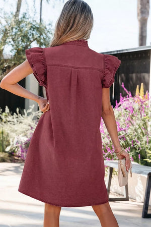 Denim mini dress in burgundy with ruffled short sleeves, button-down front, and a collared neckline.