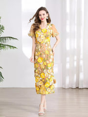 Embroidered Floral Puff Sleeve Midi Dress