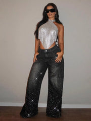 Rhinestone-embellished High-waist Jeans