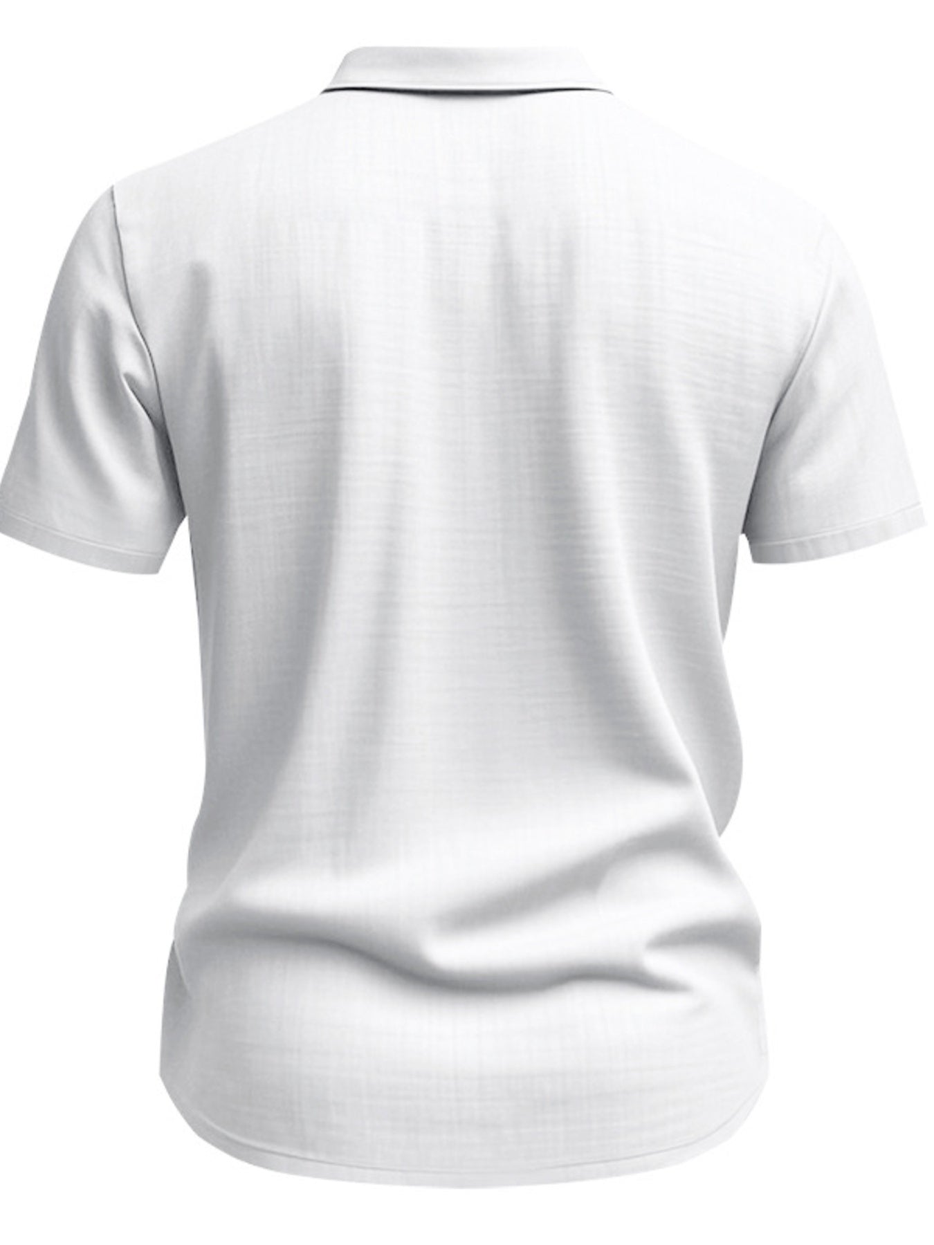 White short sleeve button-down shirt with collar and subtle texture.