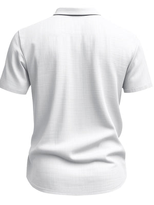 White short sleeve button-down shirt with collar and subtle texture.
