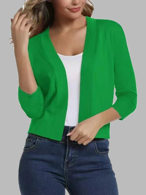 Green cropped elbow-sleeve open-front knit cardigan with a V-neckline.