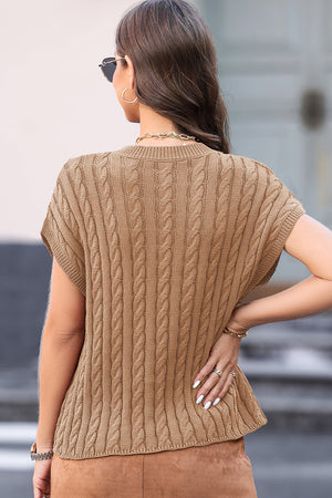 Caramel cable knit cap sleeve sweater top with textured knit pattern.