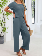 French blue waffle knit two-piece set with lace cutout detail on top and wide leg pants