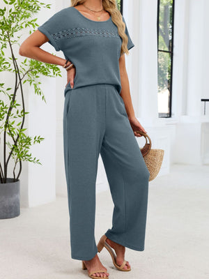 French blue waffle knit two-piece set with lace cutout detail on top and wide leg pants