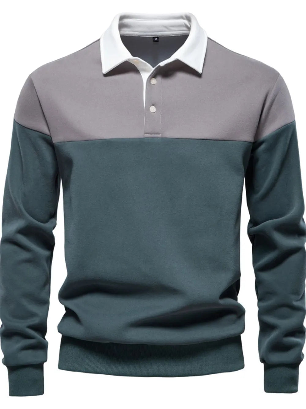 Colorblock long sleeve polo shirt with contrast collar in gray and teal.