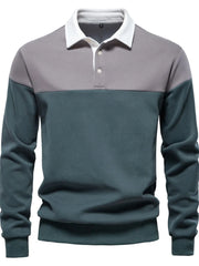 Colorblock long sleeve polo shirt with contrast collar in gray and teal.