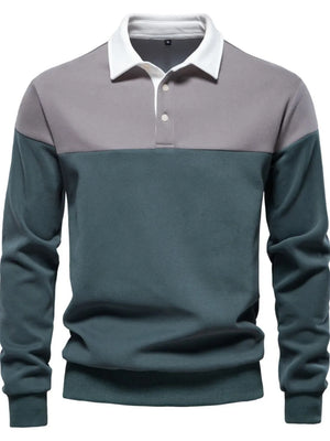 Colorblock long sleeve polo shirt with contrast collar in gray and teal.