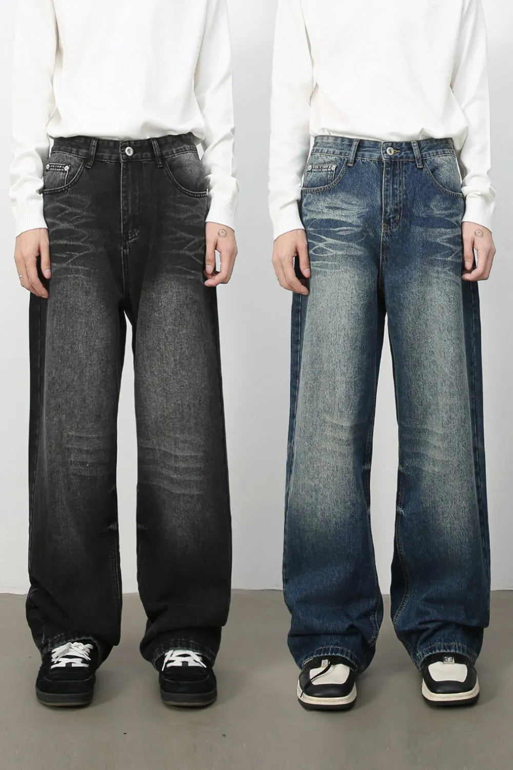 Oversized wide-leg jeans in dark wash and medium wash denim with distressed details.