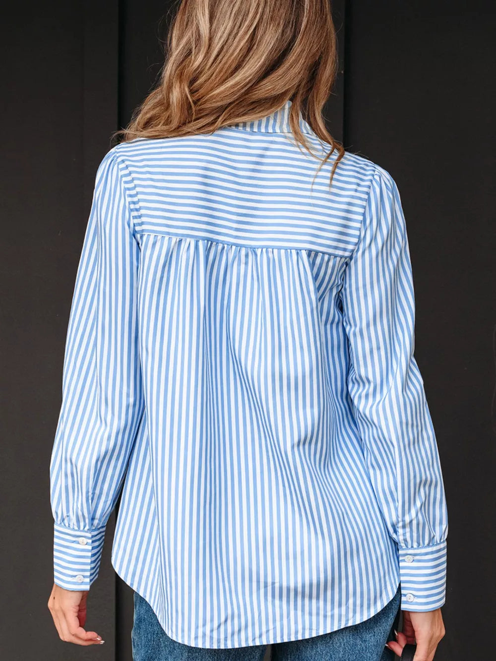 Striped Smocked Collared Blouse in Light Blue, close-up detail