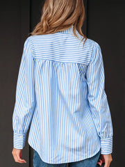 Striped Smocked Collared Blouse in Light Blue, close-up detail