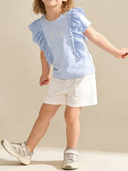 Light blue cotton t-shirt with ruffled lace sleeves and a crew neck.