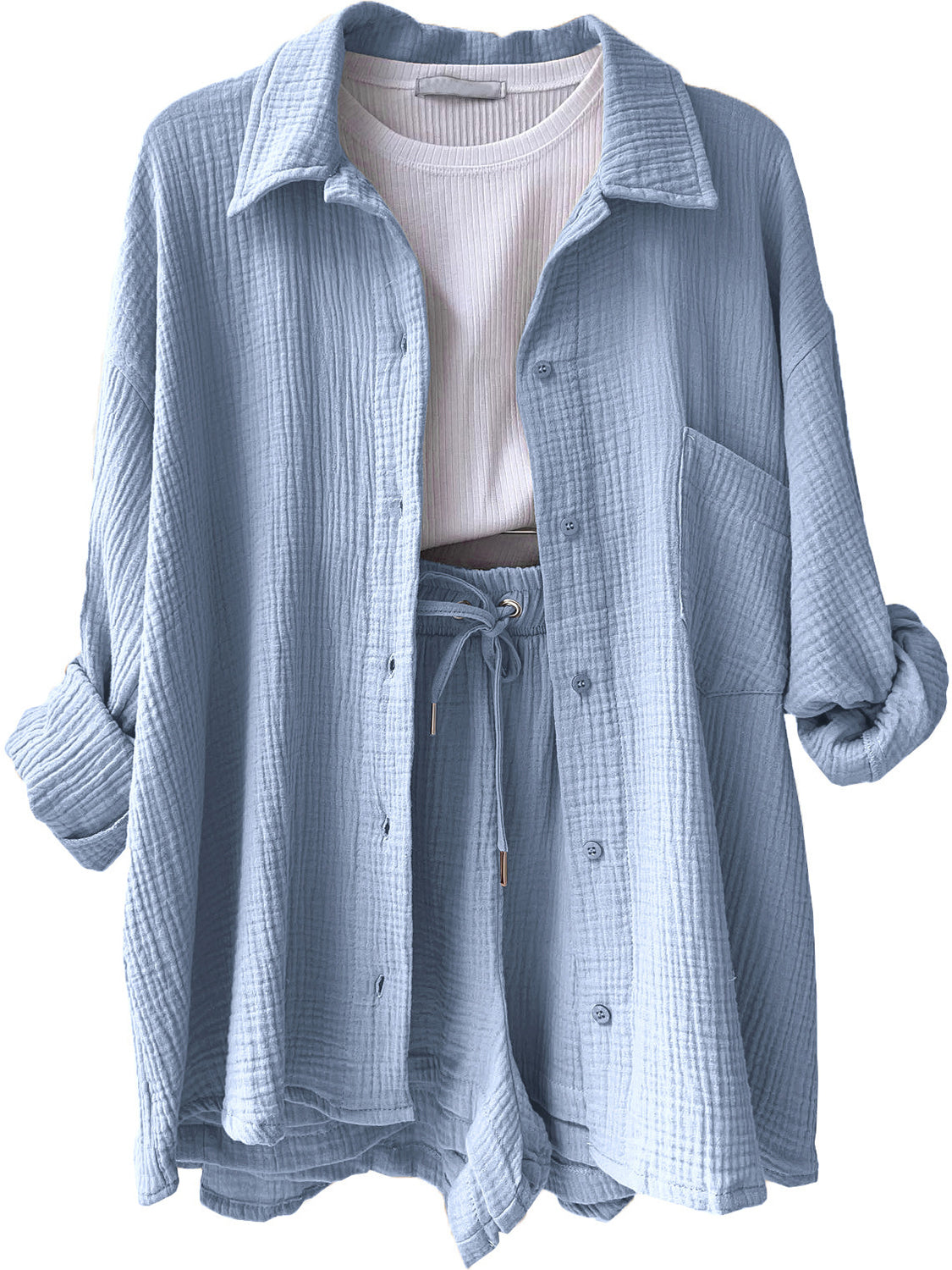 Light Blue textured gauze shirt and shorts set with drawstring waist and button front.