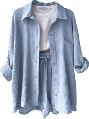 Light Blue textured gauze shirt and shorts set with drawstring waist and button front.