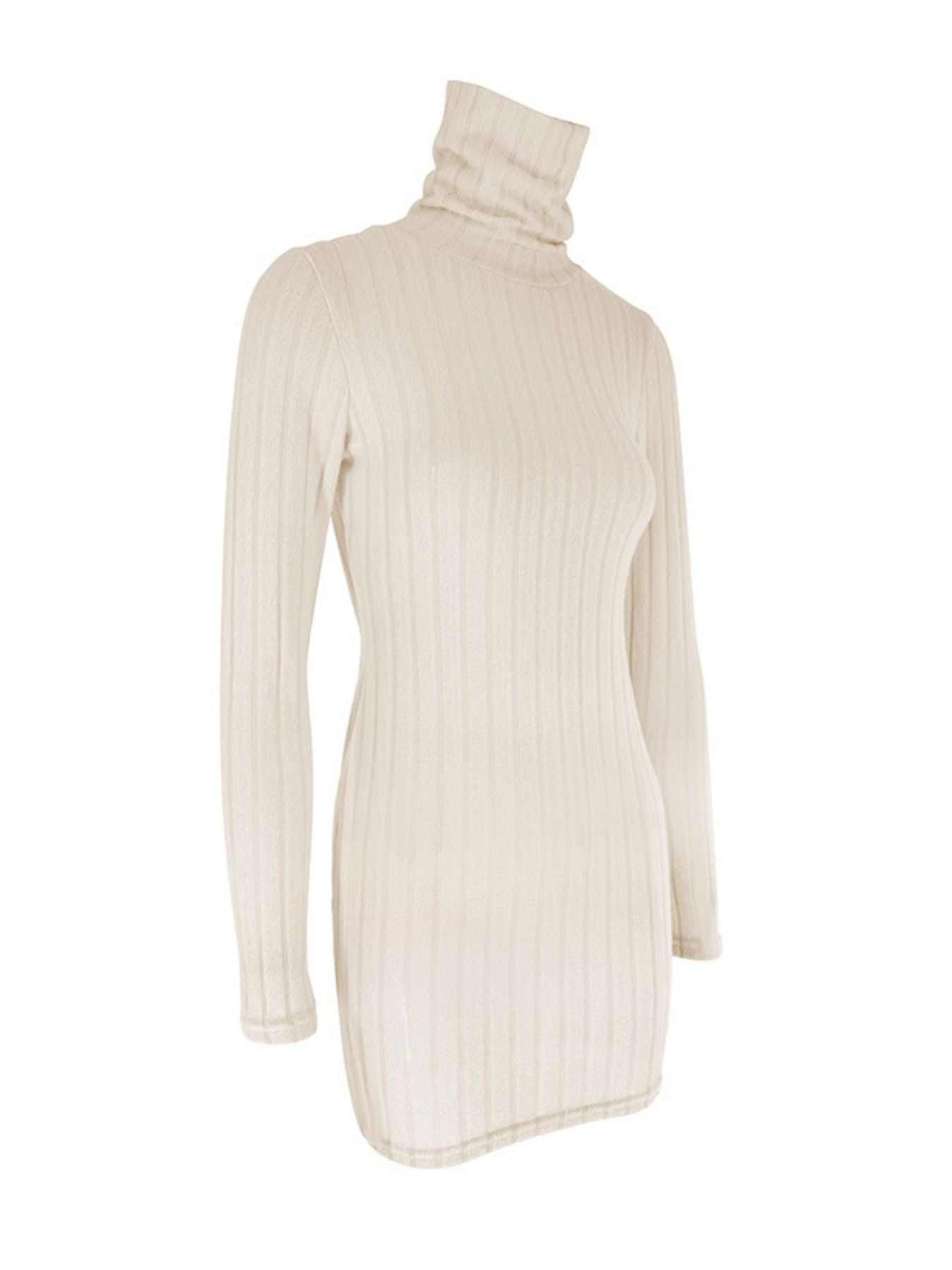 Ribbed turtleneck bodycon mini dress in apricot with long sleeves and a form-fitting silhouette.