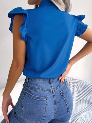 Royal blue maternity blouse with ruffled short sleeves and pussy-bow detail.