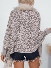 Leopard print acrylic cardigan with faux fur trim and fringe detail
