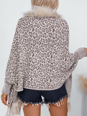 Leopard print acrylic cardigan with faux fur trim and fringe detail