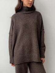 Oversized turtleneck lounge knit set in coffee brown acrylic, featuring a relaxed fit and ribbed cuffs.