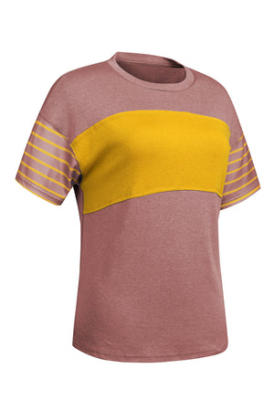 Colorblock raglan tee in dusty pink with a mustard yellow chest stripe and striped sleeves.
