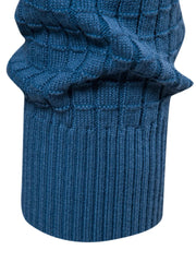 Textured grid crewneck sweater in peacock blue with ribbed cuffs and hem.