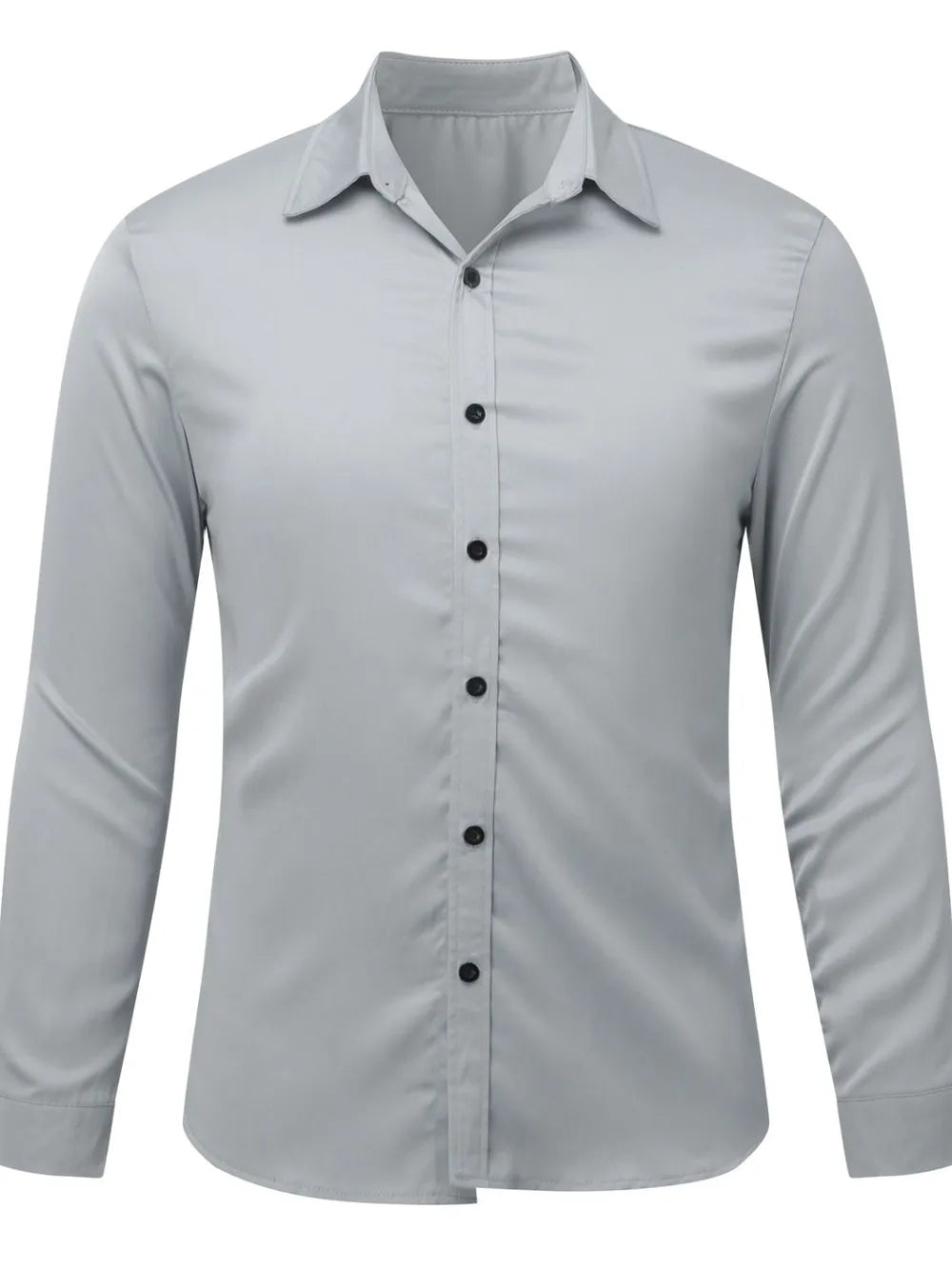 Gray satin finish button-down shirt with black buttons