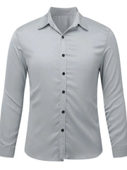 Gray satin finish button-down shirt with black buttons