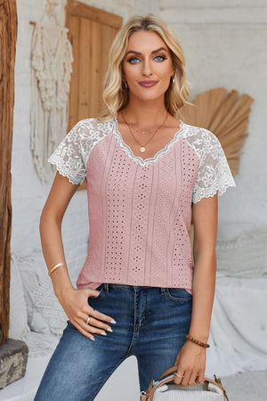 Dusty Pink eyelet raglan blouse with white lace short sleeves and V-neck.