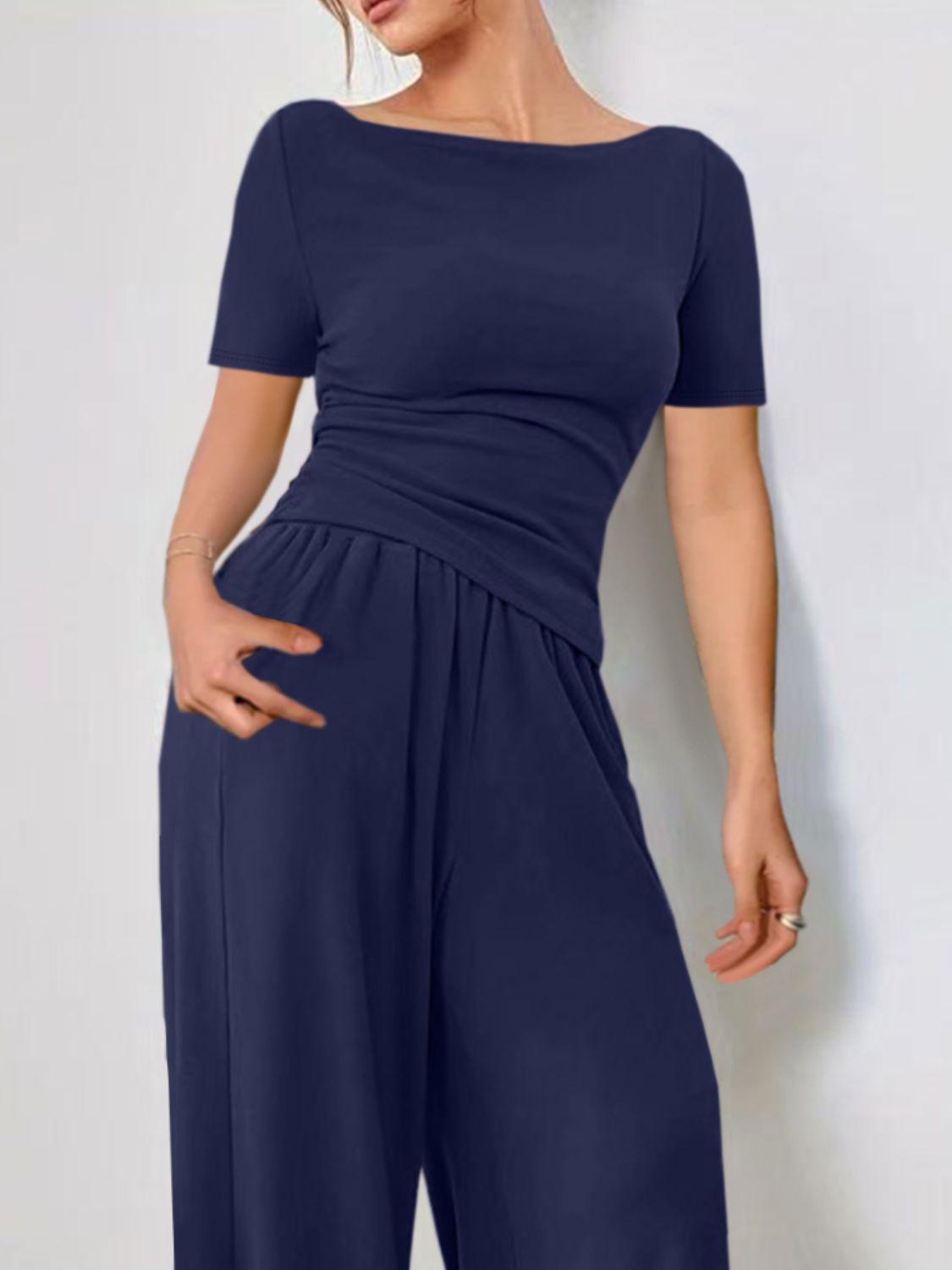 Dark Navy Boat Neck Jersey Co-ord Set with wide leg pants and ruched waist detail