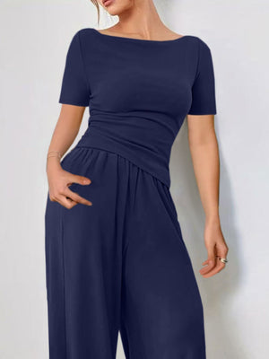 Dark Navy Boat Neck Jersey Co-ord Set with wide leg pants and ruched waist detail