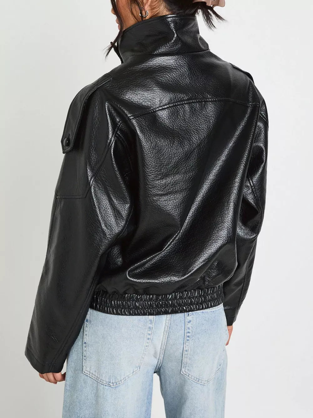 Faux Leather Moto Jacket With Asymmetrical Zip in Black, side view
