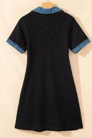 Black ribbed casual mini dress with short sleeves and a denim collar and cuffs.