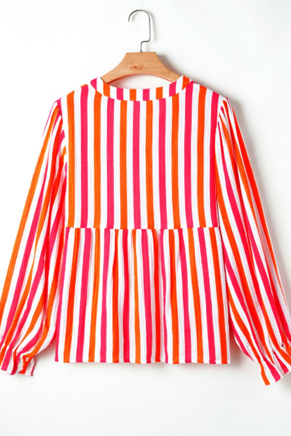 Red striped blouse with gathered sleeves and a high neckline.