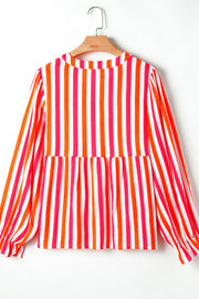Red striped blouse with gathered sleeves and a high neckline.