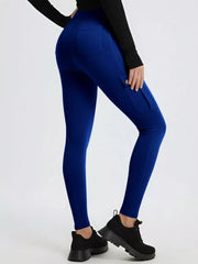 Blue maternity active pants with cargo pockets and back pockets.