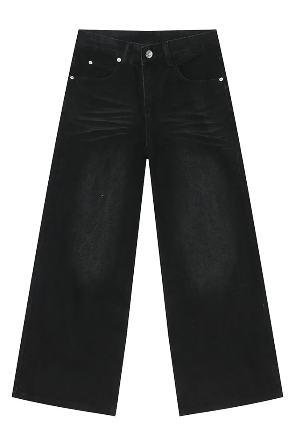 Black denim straight leg jeans with whiskered details