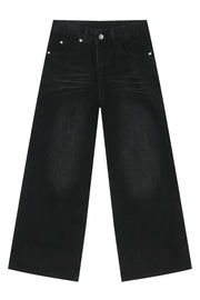 Black denim straight leg jeans with whiskered details