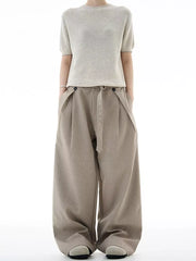 Khaki plus size wide-leg sweatpants with belt and button detail