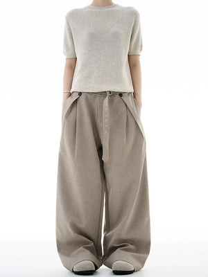 Khaki plus size wide-leg sweatpants with belt and button detail