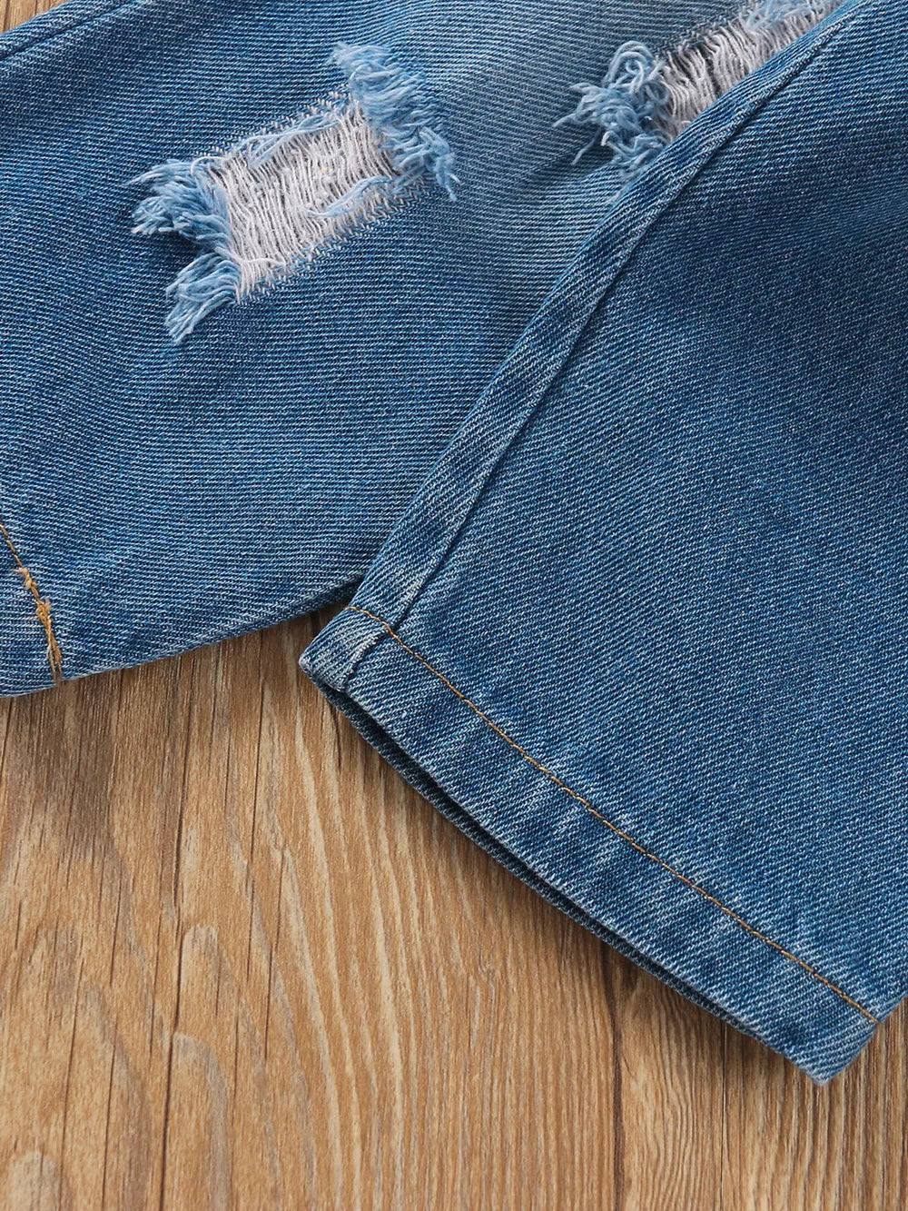 Children's Tie Shoulder Tank And Distressed Jeans Set in Blue, close-up detail