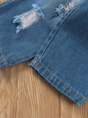 Children's Tie Shoulder Tank And Distressed Jeans Set in Blue, close-up detail