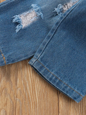Children's Tie Shoulder Tank And Distressed Jeans Set in Blue, close-up detail