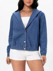 Medium wash denim hooded bomber jacket with button front and elastic hem.