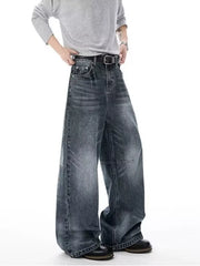 Men's dark wash denim wide-leg jeans with belt loops and a relaxed fit.