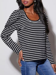 Black and white striped long sleeve tee with puff sleeves and scoop neck