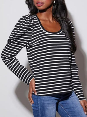 Black and white striped long sleeve tee with puff sleeves and scoop neck