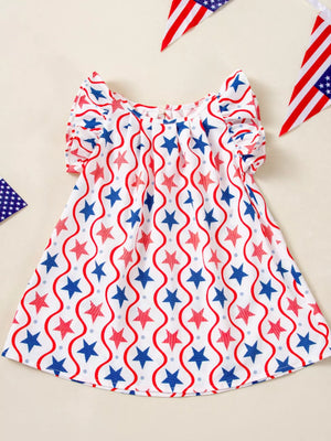 Toddler dress with red and blue stars and wavy lines pattern, ruffle sleeves.