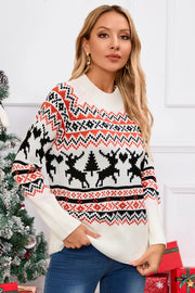 White acrylic knit sweater with festive Fair Isle reindeer and tree pattern, crew neck, long sleeves.