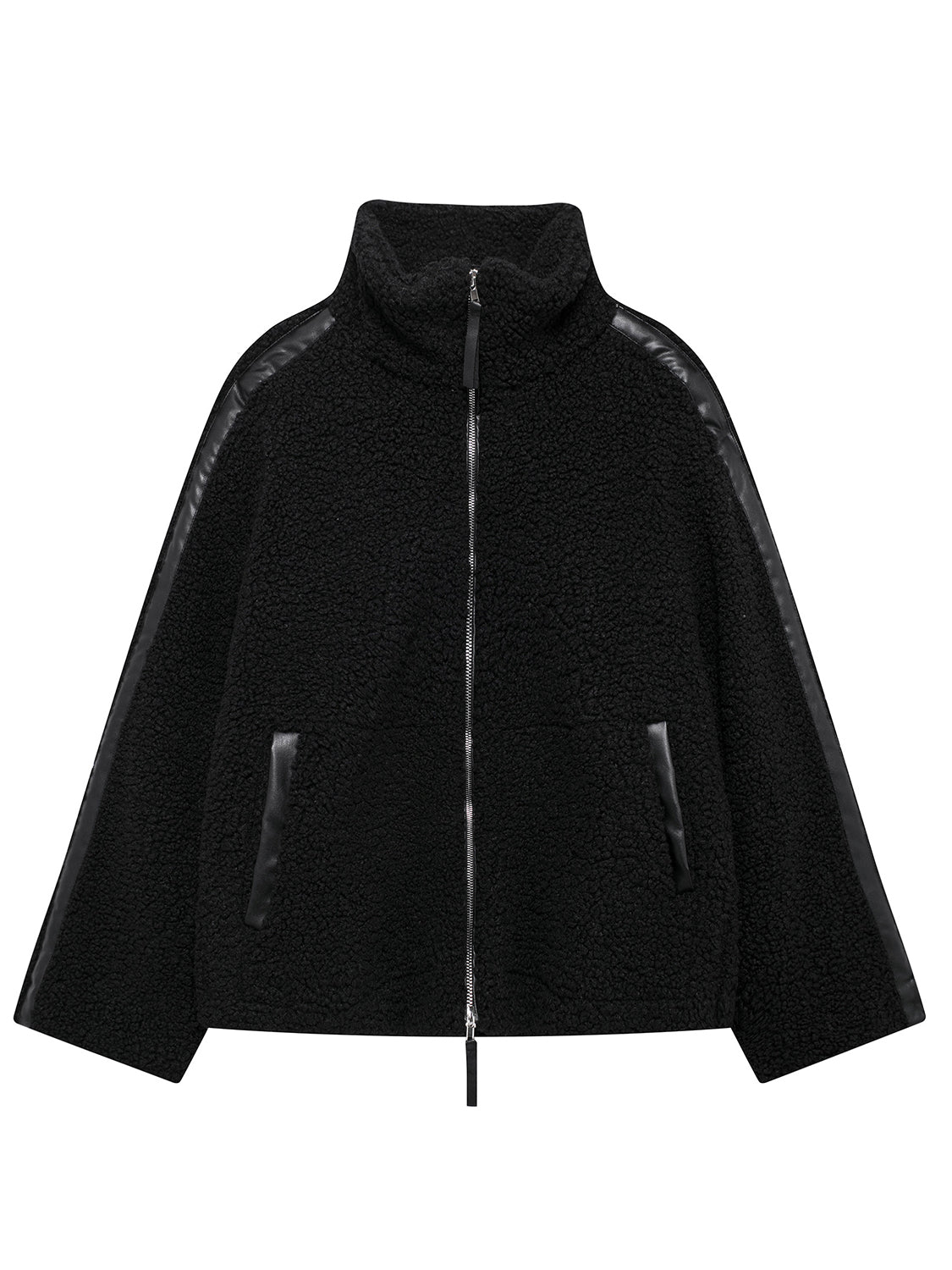 Black teddy fleece zip-up jacket with contrast piping and faux leather trim.